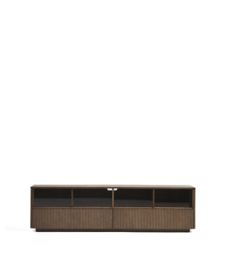 Mueble para TV Helvine con 4 puertas y 2 cajones en chapa de fresno con acabado en nogal y cristal templado 200 x 54 cm FSC 100%