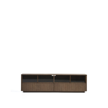 Mueble para TV Helvine con 4 puertas y 2 cajones en chapa de fresno con acabado en nogal y cristal templado 200 x 54 cm FSC 100%