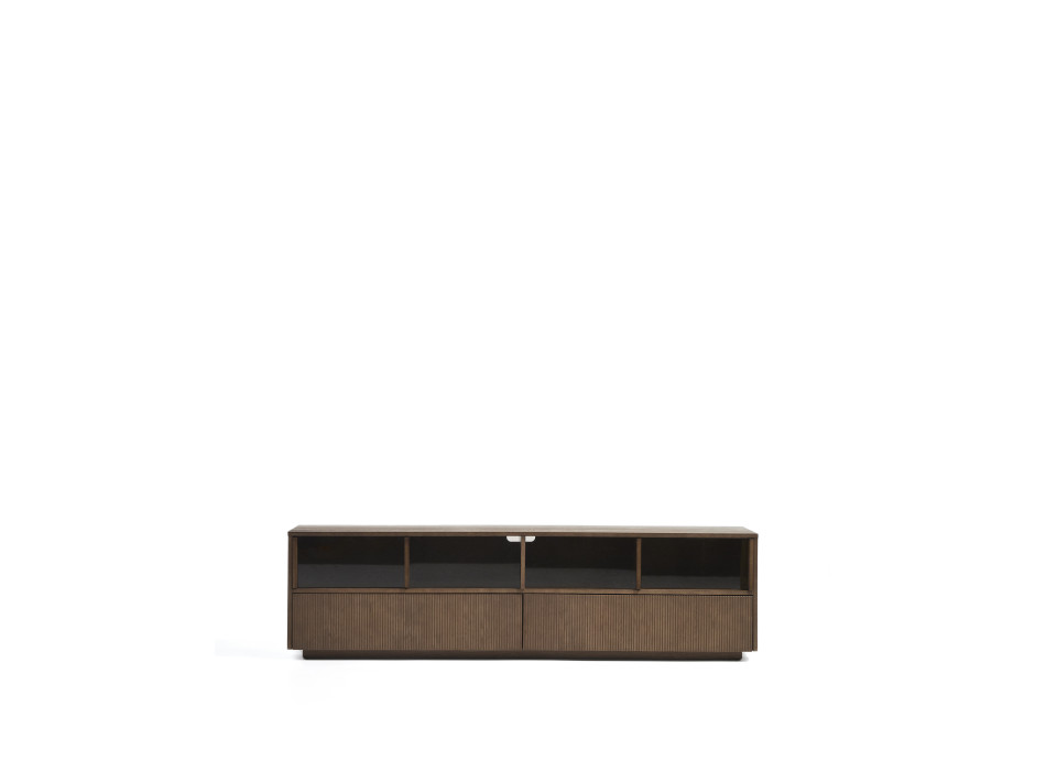 Mueble para TV Helvine con 4 puertas y 2 cajones en chapa de fresno con acabado en nogal y cristal templado 200 x 54 cm FSC 100%