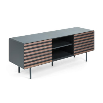 Mueble TV Kesia de 2 puertas en chapa de nogal lacado en negro y acero negro 162 x 58 cm