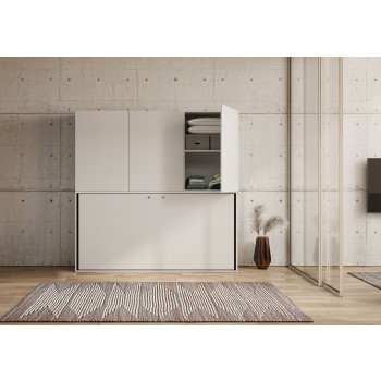 Cama individual Kando en fresno blanco con muebles - Cama individual abatible Kando, D en fresno blanco