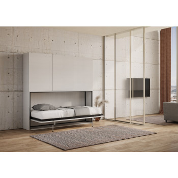 Cama individual Kando en fresno blanco con muebles - Cama individual abatible Kando, D en fresno blanco