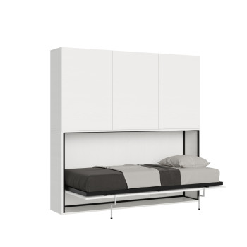 Cama individual Kando en fresno blanco con muebles - Cama individual abatible Kando, D en fresno blanco