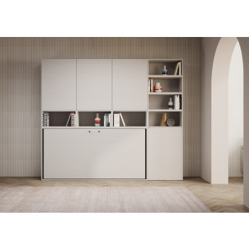 Cama individual Kando en fresno blanco con almacenaje - Cama individual plegable Kando (E) con colchón en fresno blanco