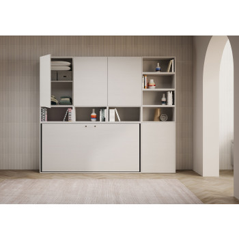 Cama individual Kando en fresno blanco con almacenaje - Cama individual plegable Kando (E) con colchón en fresno blanco