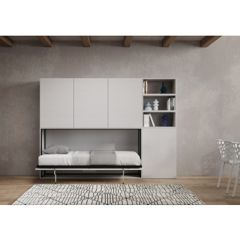 Cama individual Kando en fresno blanco con mueble - Cama individual plegable Kando comp.F con colchón en fresno blanco