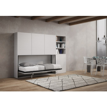 Cama individual Kando en fresno blanco con mueble - Cama individual plegable Kando comp.F con colchón en fresno blanco