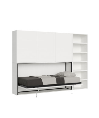Cama individual Kando en fresno blanco con muebles - Cama individual abatible Kando, comp.G, fresno blanco