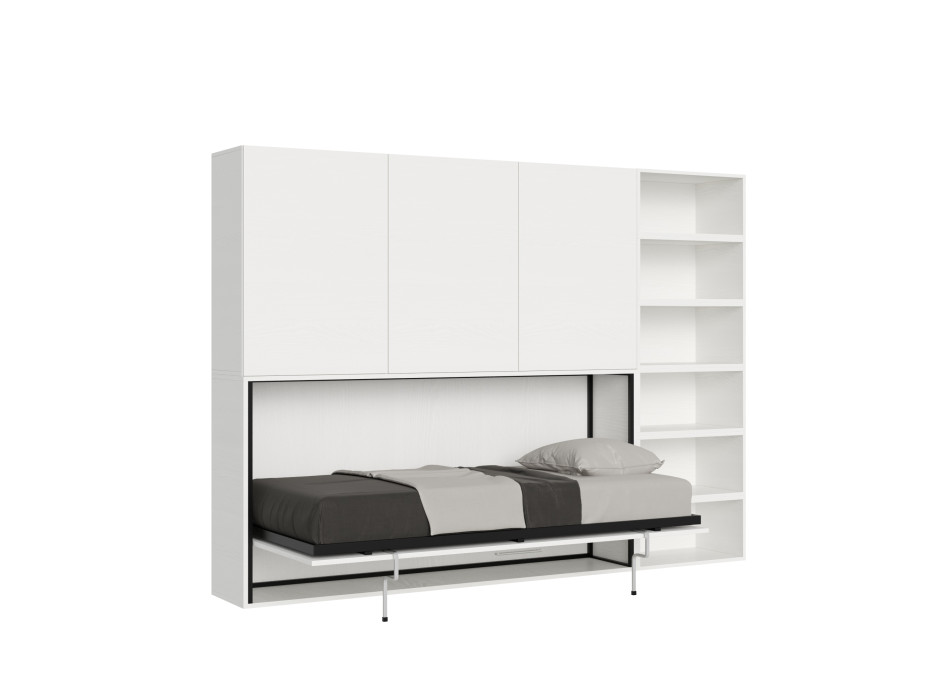 Cama individual Kando en fresno blanco con muebles - Cama individual abatible Kando, comp.G, fresno blanco