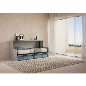 Mod.Kando Individual con Sofá - Cama Individual Abatible Kando con Sofá en Blanco, Fresno y Azul Claro