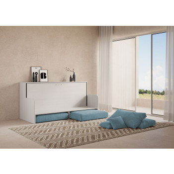 Mod.Kando Individual con sofá - Cama individual plegable Kando con sofá con colchón de fresno blanco, azul claro