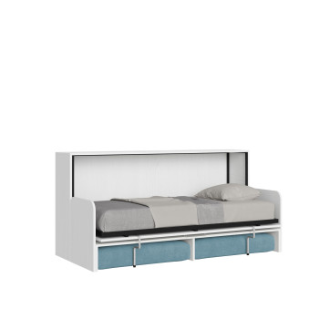 Mod.Kando Individual con sofá - Cama individual plegable Kando con sofá con colchón de fresno blanco, azul claro