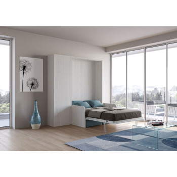 Mod. Kentaro 1 plaza y media cama con sofá de 120 - Kentaro 1 plaza y media cama abatible 120 con sofá y columna en fresno blanco, azul claro