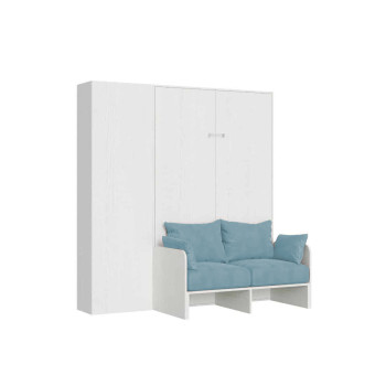 Mod. Kentaro 1 plaza y media cama con sofá de 120 - Kentaro 1 plaza y media cama abatible 120 con sofá y columna en fresno blanco, azul claro