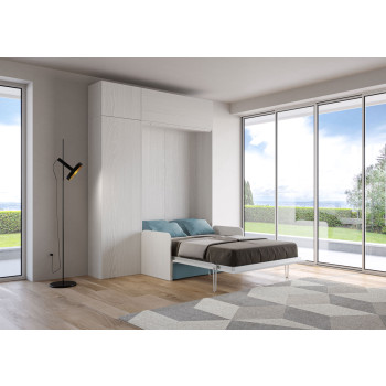 Mod. Kentaro 1 plaza y media cama con sofá de 120 - Kentaro 1 plaza y media cama abatible 120 con sofá y mueble fresno blanco, azul claro