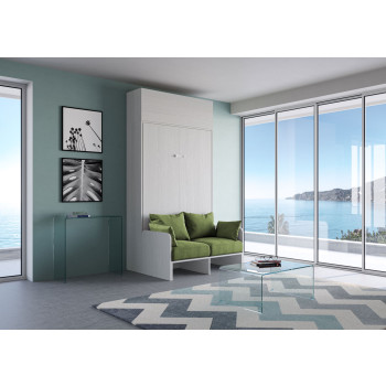 Mod. Kentaro 1 plaza y media cama con sofá de 120 - Kentaro 1 plaza y media cama abatible 120 con sofá y mueble alto en fresno blanco, verde