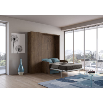 Mod. Kentaro French 140 con sofá - Cama doble abatible Kentaro 140 con sofá y columna en fresno blanco, azul claro