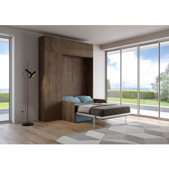 Mod. Kentaro French 140 con sofá - Cama doble francesa plegable Kentaro 140 con sofá y muebles de fresno blanco y azul claro.