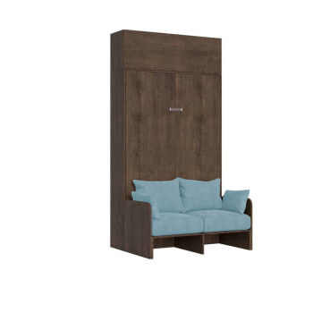 Mod. Kentaro French 140 con sofá - Cama doble abatible francesa 140 Kentaro con sofá y mueble alto fresno blanco, azul claro
