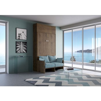 Mod. Kentaro French 140 con sofá - Cama doble abatible francesa 140 Kentaro con sofá y mueble alto fresno blanco, azul claro