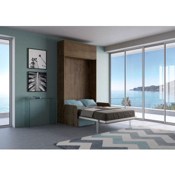 Mod. Kentaro French 140 con sofá - Cama doble abatible francesa 140 Kentaro con sofá y mueble alto fresno blanco, azul claro