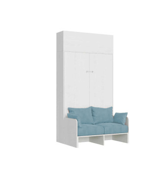 Mod. Kentaro French 140 con sofá - Cama doble abatible francesa 140 Kentaro con sofá y mueble alto fresno blanco, azul claro