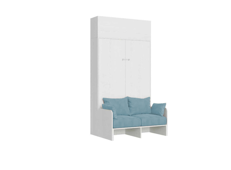 Mod. Kentaro French 140 con sofá - Cama doble abatible francesa 140 Kentaro con sofá y mueble alto fresno blanco, azul claro