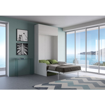 Mod. Kentaro French 140 con sofá - Cama doble abatible Kentaro 140 con sofá y mueble alto en fresno blanco y verde