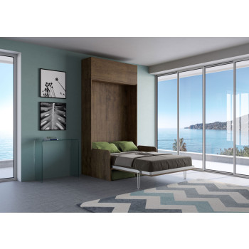 Mod. Kentaro French 140 con sofá - Cama doble abatible Kentaro 140 con sofá y mueble alto en fresno blanco y verde