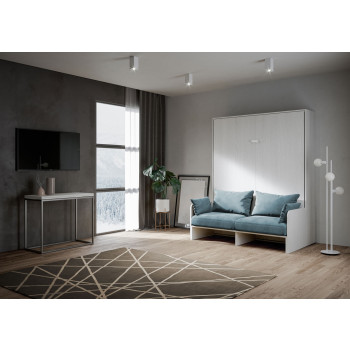 Mod. Kentaro Cama Doble 160 con Sofá - Cama doble plegable Kentaro 160 con sofá en fresno blanco, azul claro