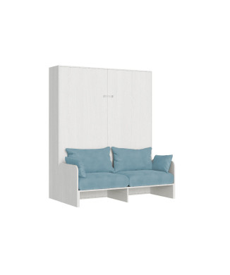 Mod. Kentaro Cama Doble 160 con Sofá - Cama doble plegable Kentaro 160 con sofá en fresno blanco, azul claro