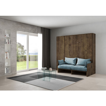 Mod. Kentaro Cama Doble 160 con Sofá - Cama doble plegable Kentaro 160 con sofá y columna en fresno blanco, azul claro