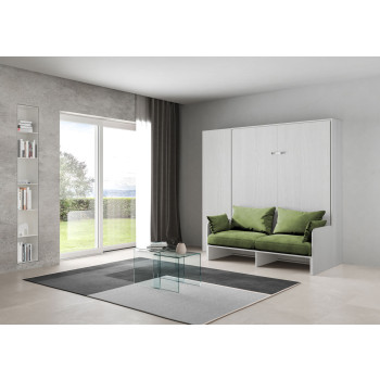Mod. Kentaro Cama Doble 160 con Sofá - Cama doble plegable Kentaro 160 con sofá y columna en fresno blanco, verde