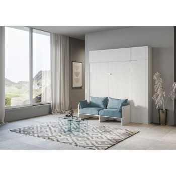 Cama doble Kentaro de 160 cm con sofá - Cama doble plegable Kentaro de 160 cm con sofá y muebles de fresno blanco y azul claro