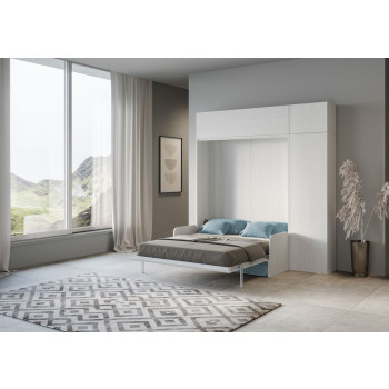 Cama doble Kentaro de 160 cm con sofá - Cama doble plegable Kentaro de 160 cm con sofá y muebles de fresno blanco y azul claro