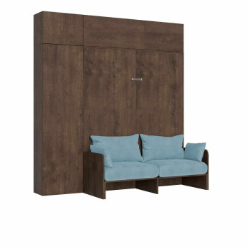 Cama doble Kentaro de 160 cm con sofá - Cama doble plegable Kentaro de 160 cm con sofá y muebles de fresno blanco y azul claro