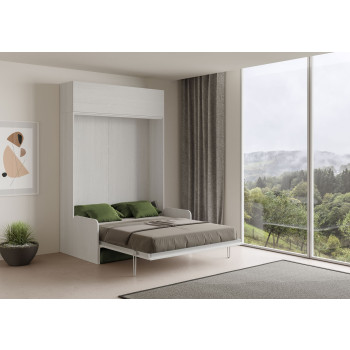 Mod. Kentaro Cama Doble 160 con Sofá - Cama doble plegable Kentaro 160 con sofá y mueble alto en fresno blanco, verde