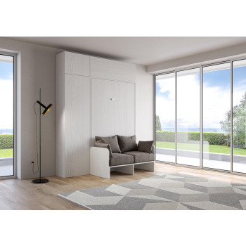 Mod. Kentaro Sofà 1/2 - Cama queen size abatible vertical de 120 cm Kentaro Sofà con columna y muebles altos Fresno blanco