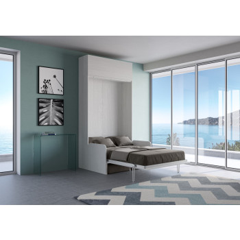 Mod. Kentaro Sofà 1/2 - Cama queen size abatible vertical de 120 cm Kentaro Sofà con mueble alto vasistas Fresno blanco