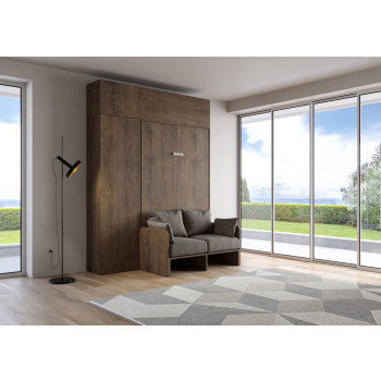 Mod. Kentaro Sofá Francés - Cama doble abatible vertical de 140 cm Sofá Kentaro con columna y muebles altos Fresno Blanco