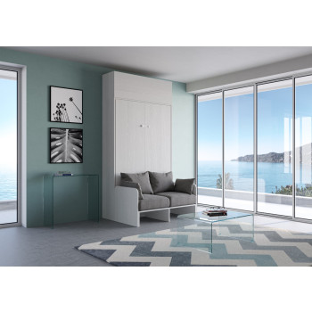 Mod. Kentaro Sofá Francés - Cama doble abatible vertical de 140 cm Sofá Kentaro con mueble de pared vasistas Fresno Blanco
