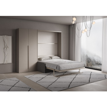 Mod. Versia French 140 con sofá, estantería y armario de 2 puertas izquierda-derecha - Cama doble abatible francesa 140 Versia con sofá, estantería y armario de 2 puertas izquierda arcilla