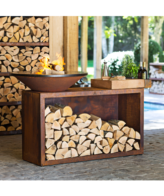 OFYR ISLAND - BRASERO BARBACOA CON SOPORTE DE MADERA Y SOPORTE DE MADERA DE TECA