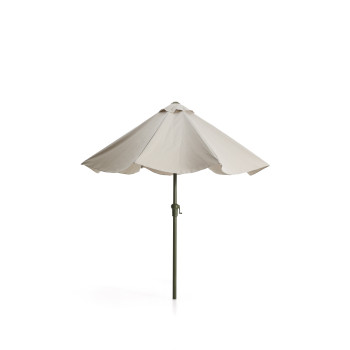 Sombrilla Milna beige con mástil central y estructura de acero.