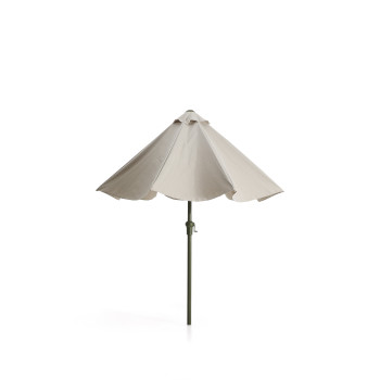 Sombrilla Milna beige con mástil central y estructura de acero.