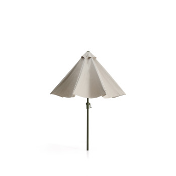 Sombrilla Milna beige con mástil central y estructura de acero.