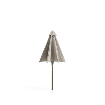 Sombrilla Milna beige con mástil central y estructura de acero.