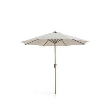 Sombrilla Milna beige con mástil central y estructura de acero.
