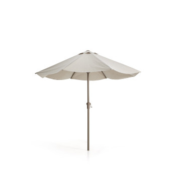 Sombrilla Milna beige con mástil central y estructura de acero.