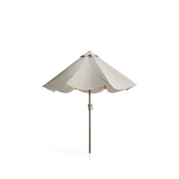 Sombrilla Milna beige con mástil central y estructura de acero.